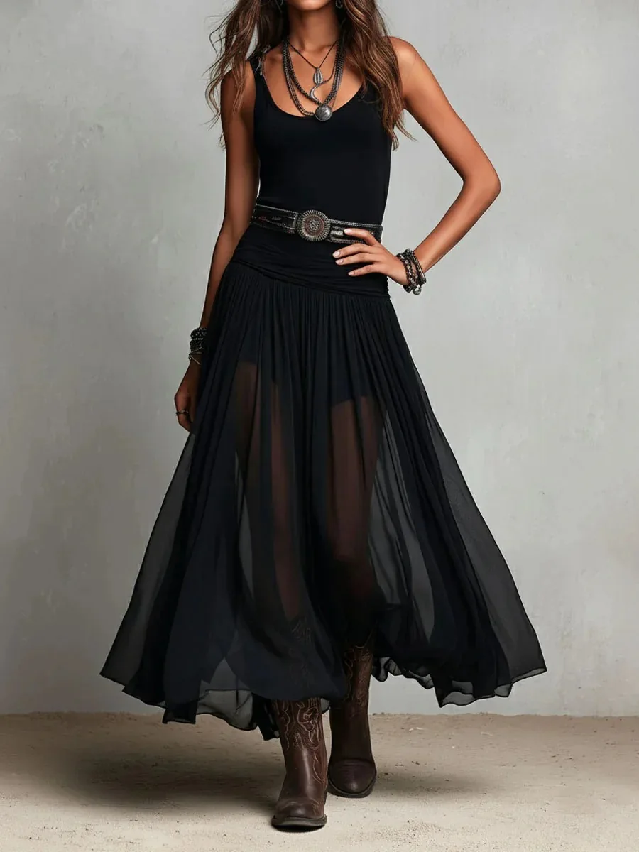 Damen Schwarzes Ärmelloses Tanktop-Kleid Sommer Mode Neues Transparentes Mesh Fließendes Langes Kleid Lässiges Halbtransparentes Hochgeschnittenes Sommerkleid