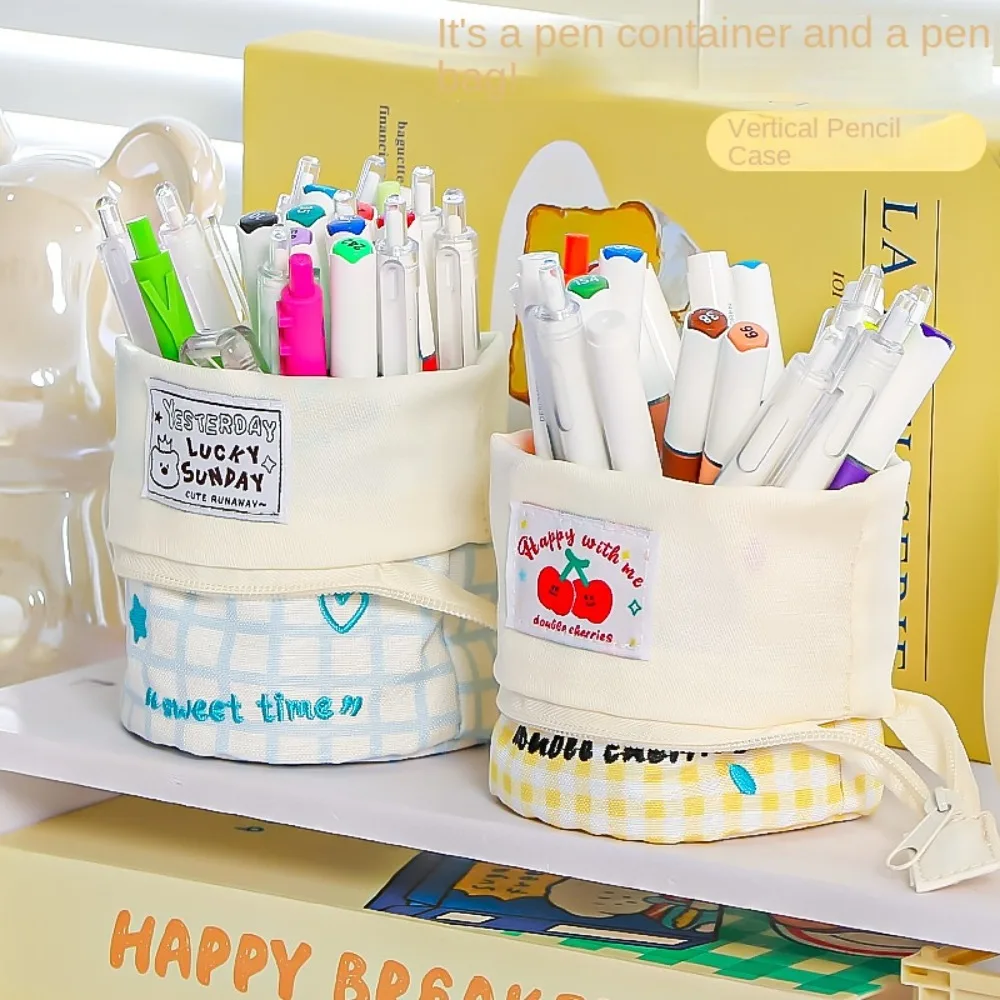 Dopamine Plaid Pen Bag Large Capacity Japanese style Pencil Bag Contrast Color Check pattern Stationery Storage Bag Student