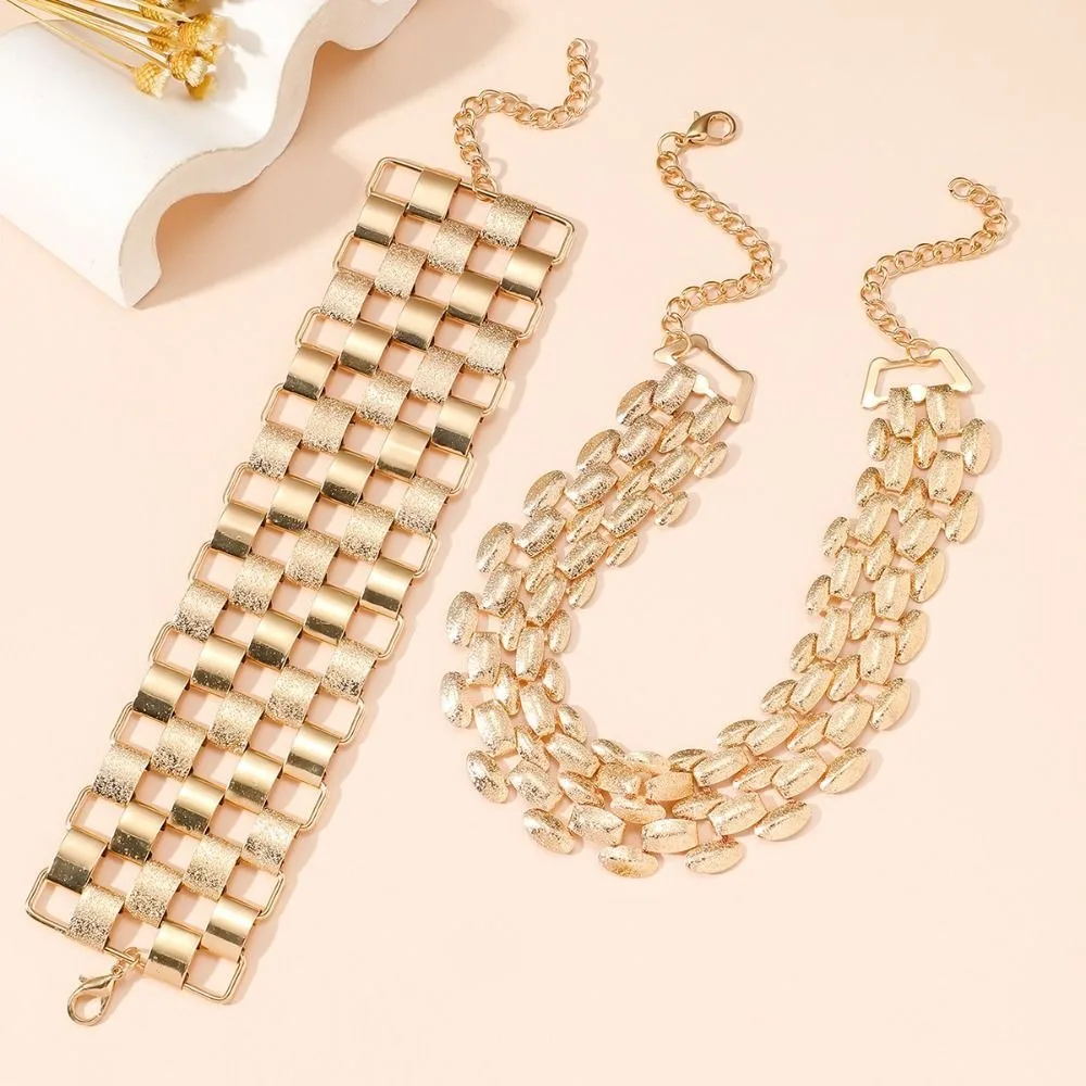 

Adjustable Multilayer Jewelry Set Korean Style Jewelry Accessories Metal Plaid Bracelet Chain Alloy Exaggerated Necklace Gift