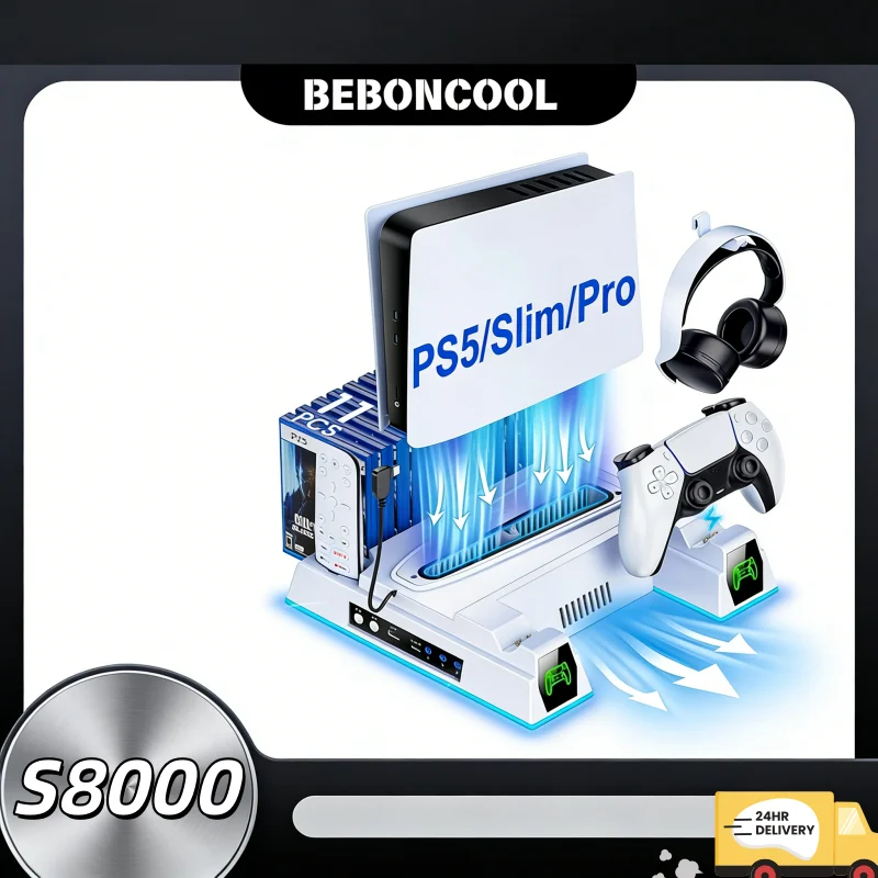 

Вертикальная охлаждающая станция BEBONCOOL S8000 PS5 с 3-скоростным регулируемым вентилятором для Slim 2020/2023 и Pro Digital Disc 2024
