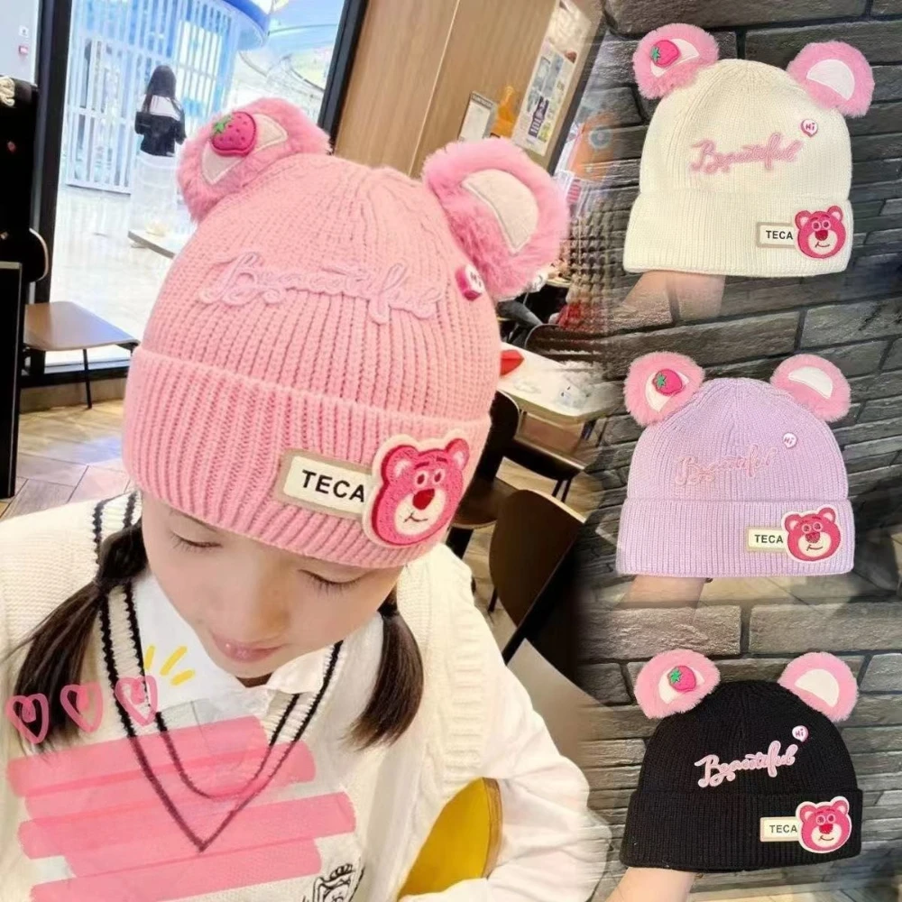 

MINISO Disney Ear Baby Hat Strawberry Bear Decoration Kids Girls Knitted Hat Kids Soft Warm Headwear Christmas Gift