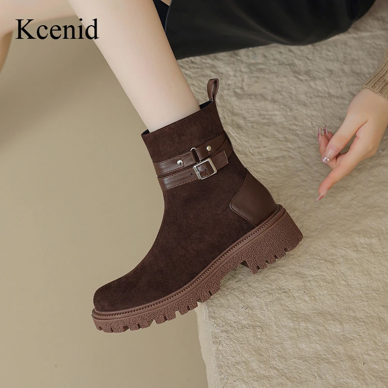 

Kcenid Women`s Boots Round Toe Belt Buckle Fashion Winter Leisure Square Heel Platform Boots New Styles 2024 Ladies Party Shoes