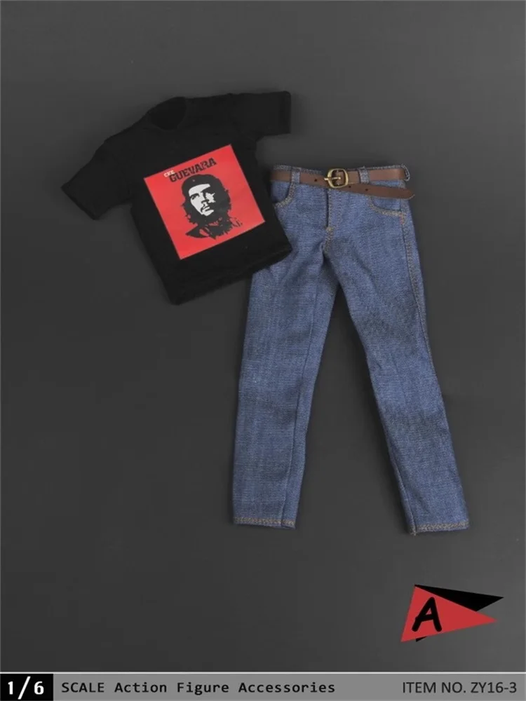 

ZYTOYS ZY16-3 1/6 Male Slim Printing Black T-shirt Casual Jeans Suit With Belt Model Fit 12'' Action Figure Body In Stock