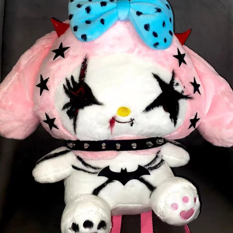 Sanrio Kuromi Melody Shoulder Bag para mulheres, desenhado à mão, rua gótica escura, menina picante, mochila de pelúcia, punk americano, engraçado,