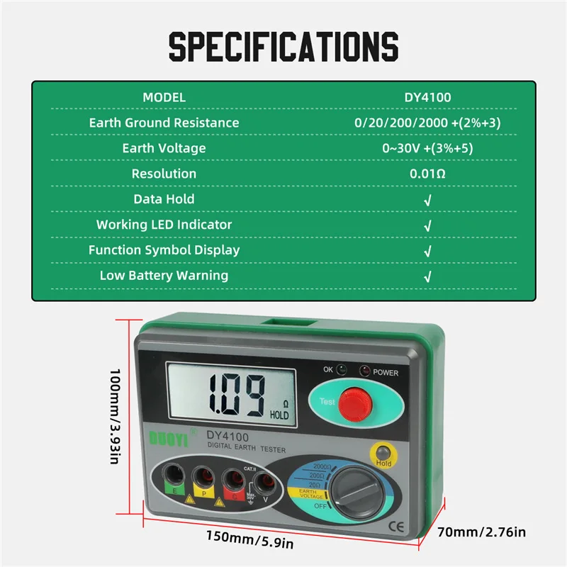 DY4100 Digital Ground Resistance Tester with High Precision 0.01Ω to 2000Ω with 0.01Ω resolution