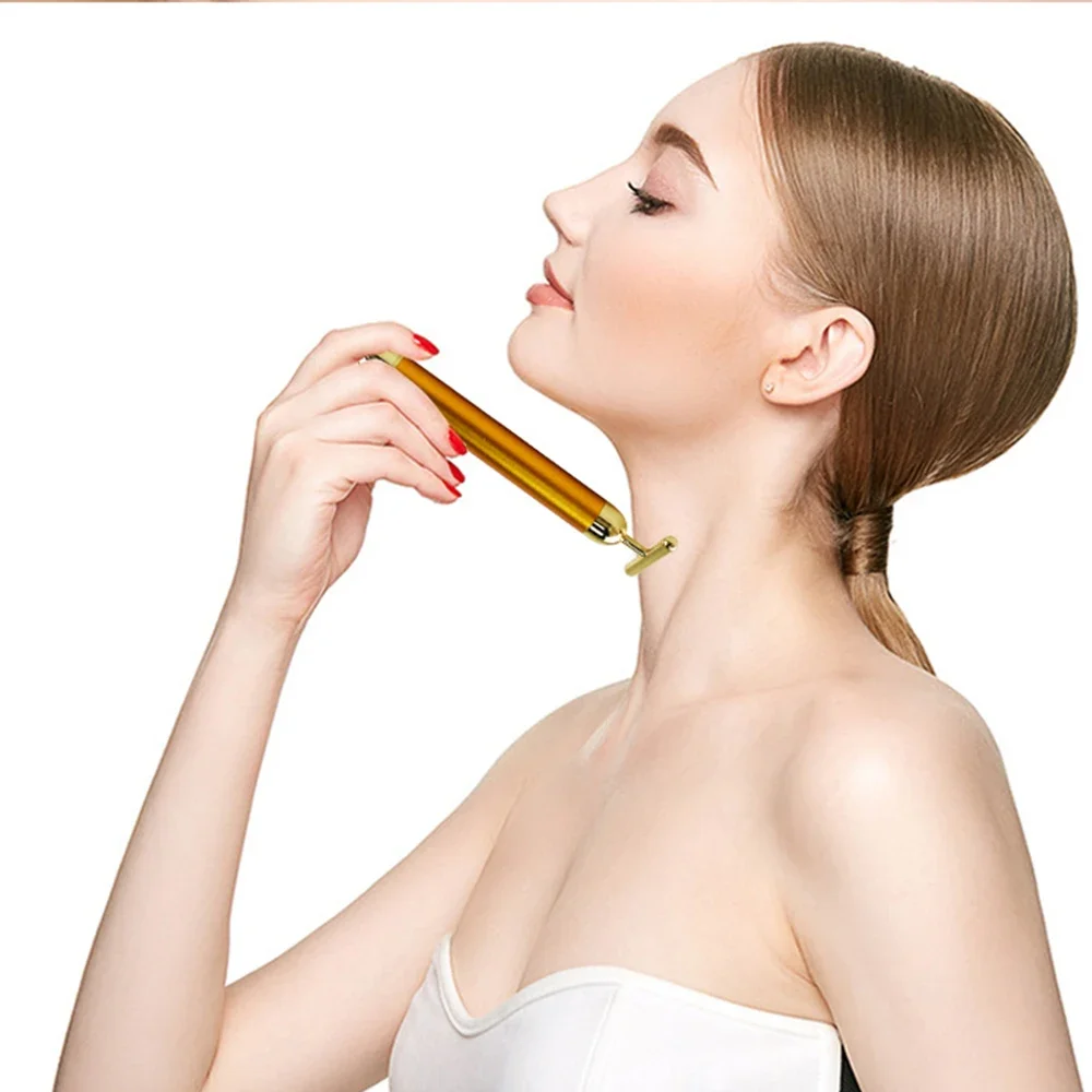 24K Gold T-shaped Facial Roller Vibrating Lifting Pulse Firming Massager Wrinkle Treatment Skin Tightening Energy Beauty Stick