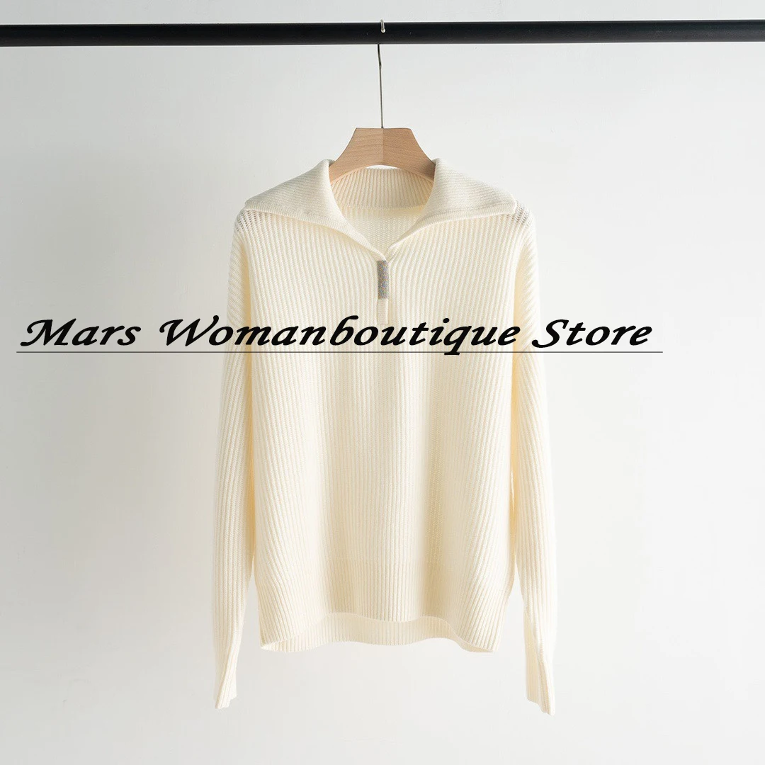 Luxury and Lazy Style Ladies Lapel Sweater, Bead Chain, Decorated Cashmere, Soft Waxy Knit Sweater