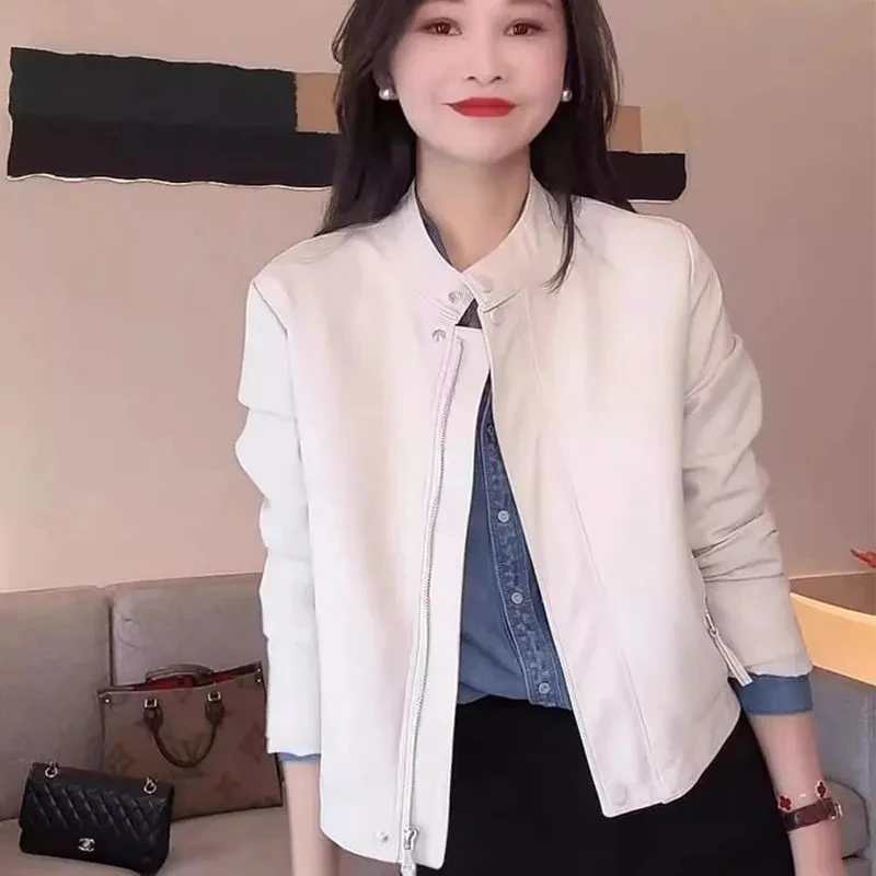 Black Stand collar Fashion Leather Jacket Short Coat Women 2025 Spring New Casual Temperament Jacket Female Motorcycle Tops