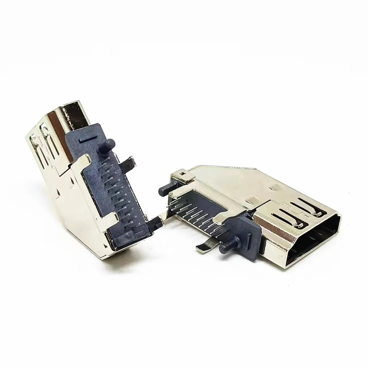 HDMI Type A 19Pin Female Connector 90° Right Angle DIP, Through-Hole Mount with 4 Bent Fixing Legs and Posts