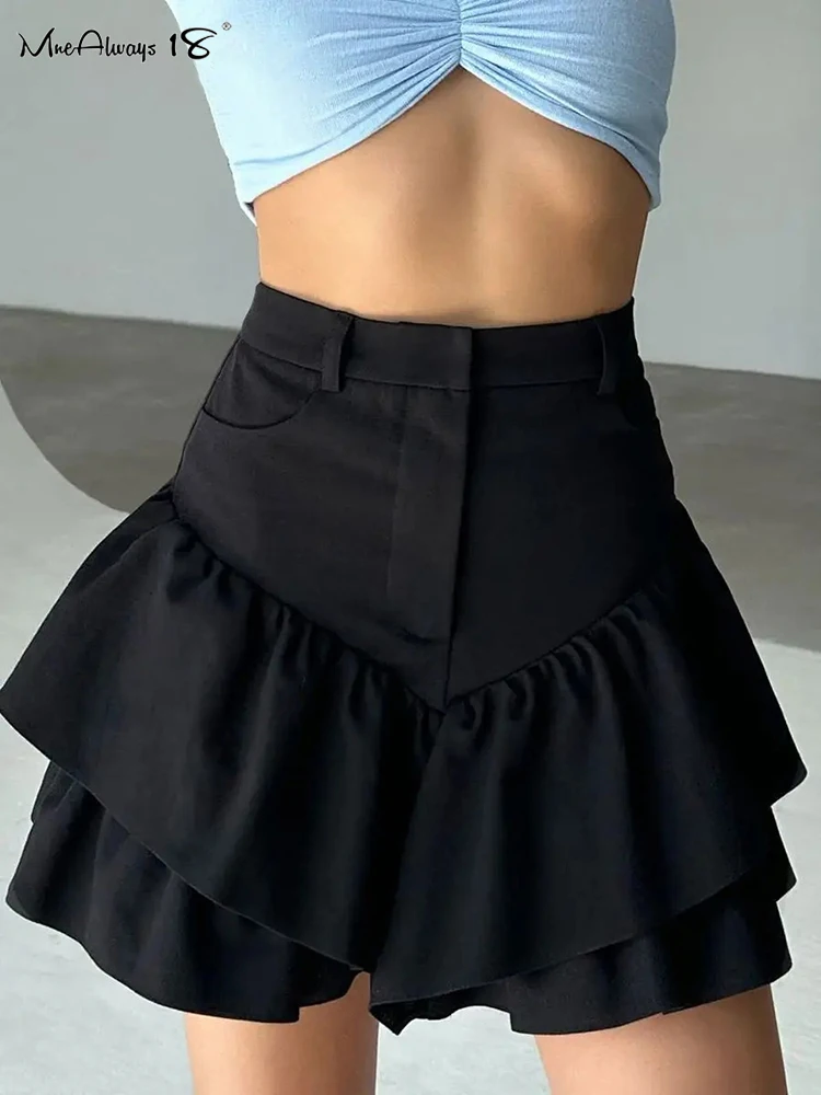 Mnealways18 Laminated Flounces Cotton Linen Pants Skirts Elegant Women High Waist Black Skirts Shorts Summer 2024 Office Ladies