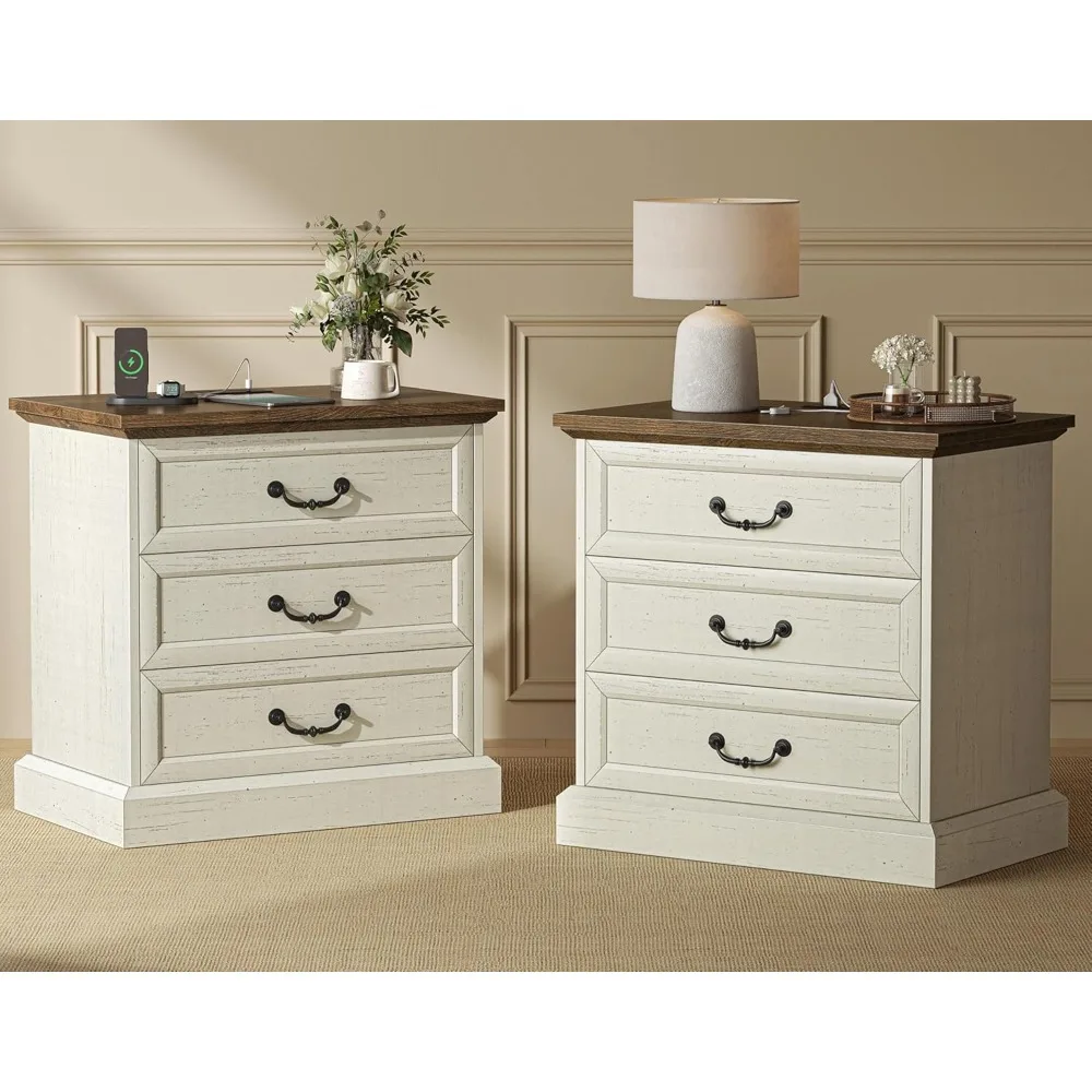 

Nightstand with Charging Station, 3 Drawer Night Stand Set of 2, 22 Inch Wider Side Table with Storage, Farmhouse Nightst
