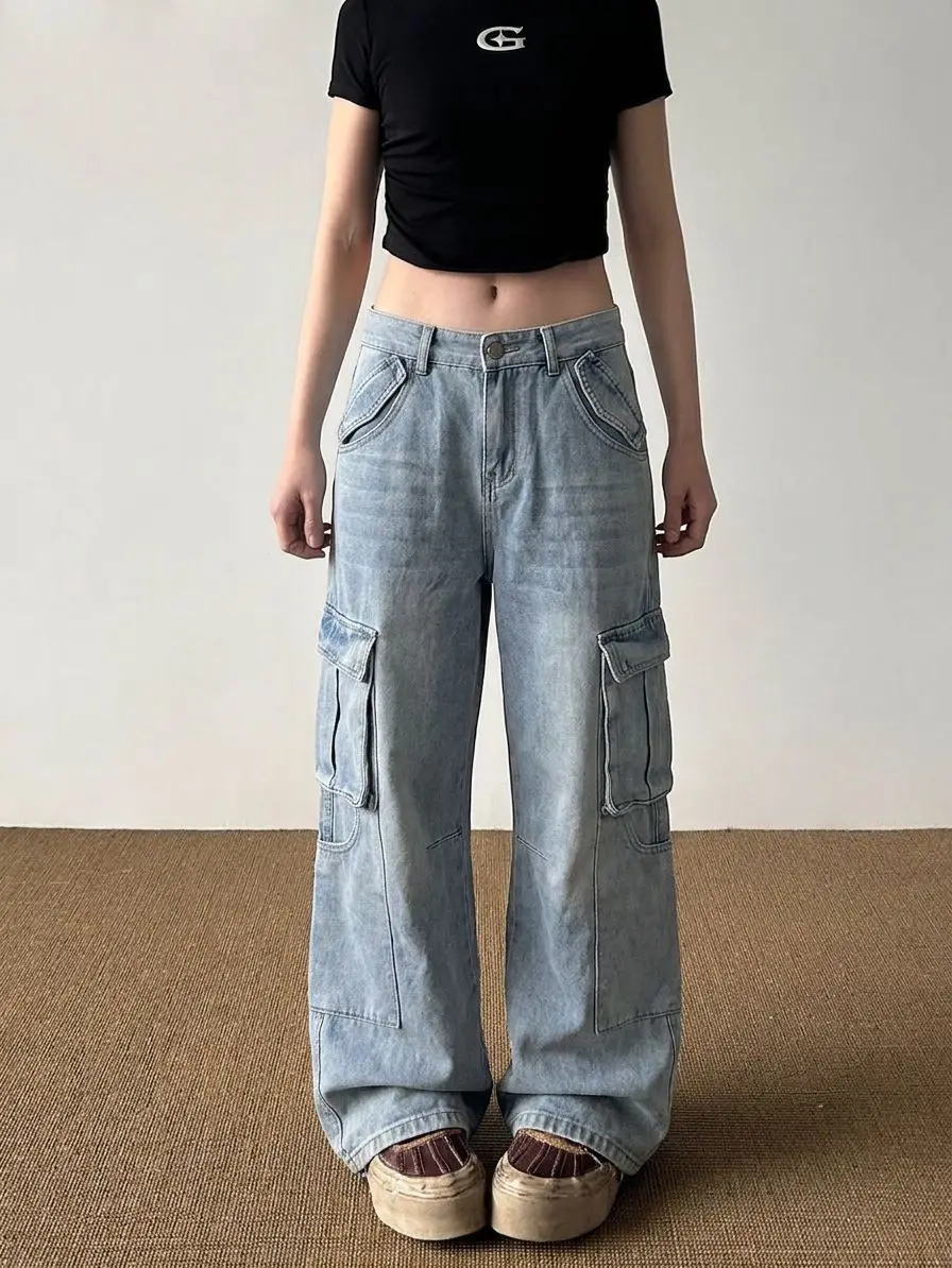 Women's Multi-pocket Wide Leg Jeans Street Cool Girl Bottoms Casual Denim Pants Female High Waist Solid Color Baggy Trousers