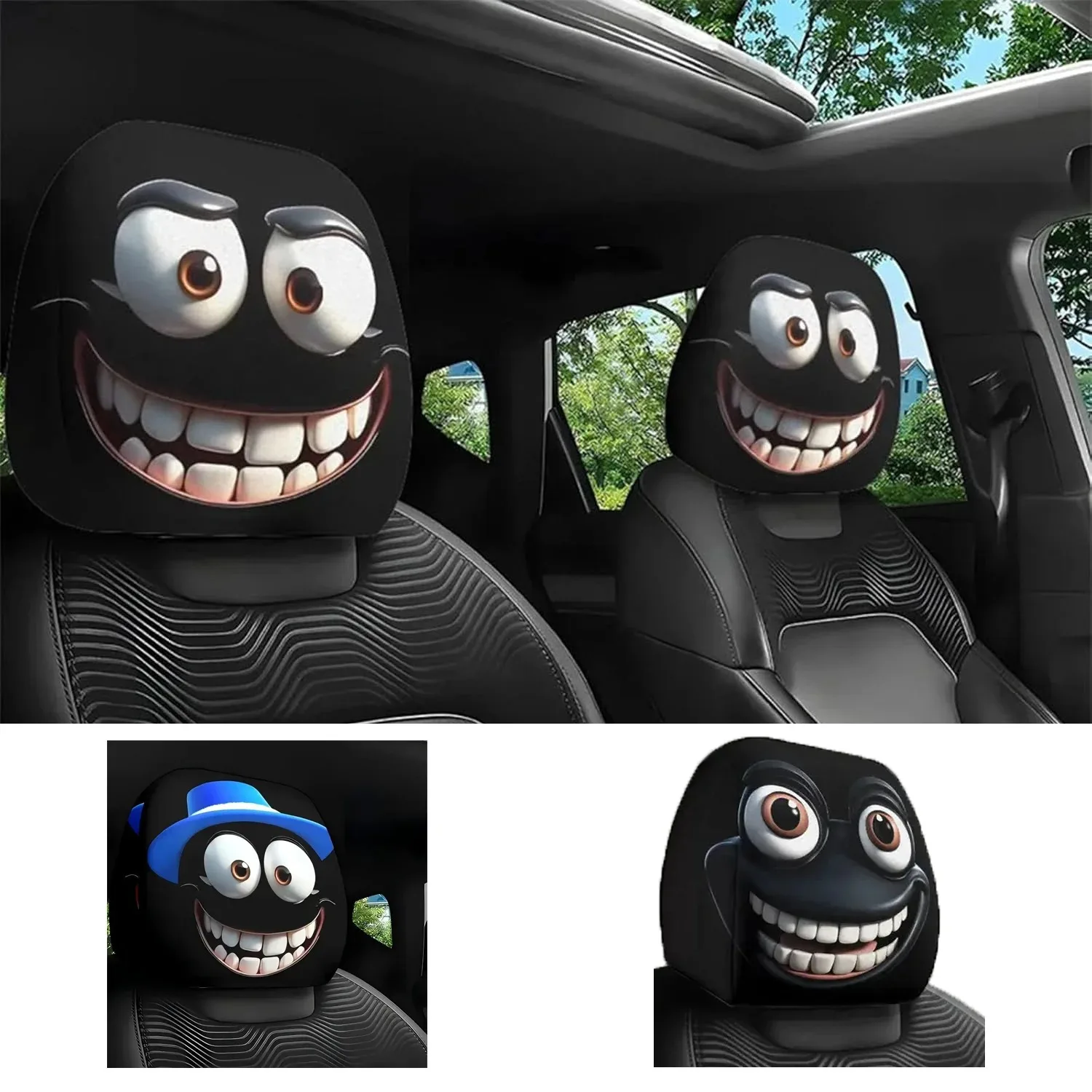 2pcs Smiley Face Printed Car Pillowcase Soft Comfortable Decorative Cushion Cover Auto Seat Headrest Washable Polyester Fabric