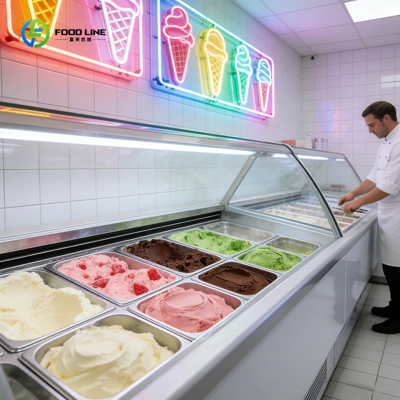 Customized Commercial Gelato Display Showcase Air Cooling Stainless Steel Automatic Defrost Refrigeration Equipment