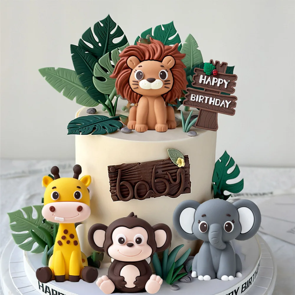Waldtier-Kuchenaufsatz, Dschungel, Löwe, Giraffe, Affe, Igel, Kaktus, Safari, Thema, Geburtstagsparty, Kuchendekoration, wilde Feier – Detail 10