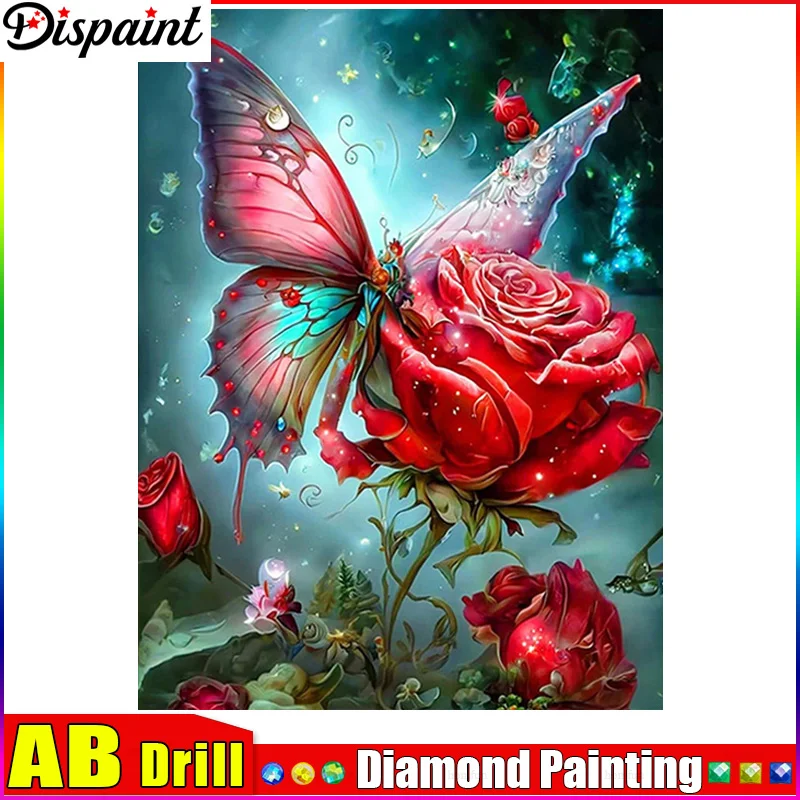 

Dispaint AB Diamond Painting Cross Stitch "Butterfly Rose" Full Square Round Diy 5d Diamond Embroidery Picture Rhinestone Art