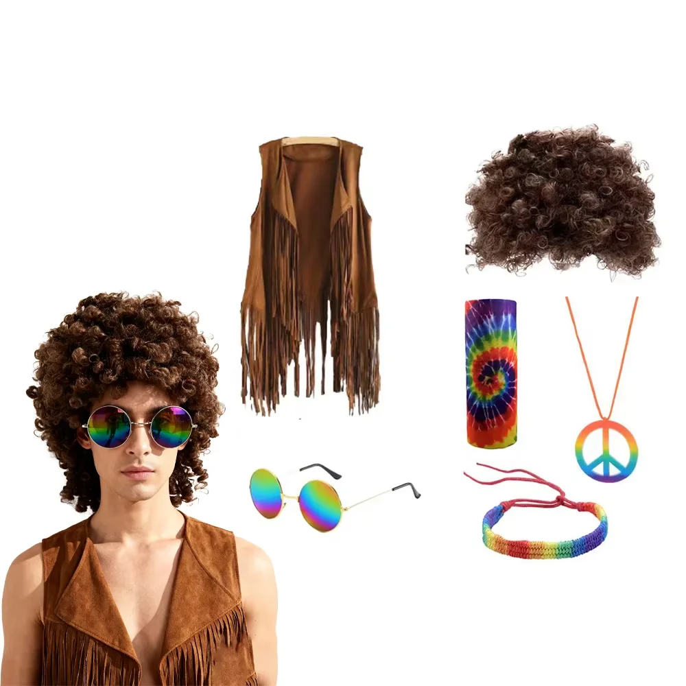 

PESENAR Hippie Costume for Men 60s 70s Outfits Accessories Tie Dye Shirt Set Fringe Carnival Vest Wig Tie Dye Headband