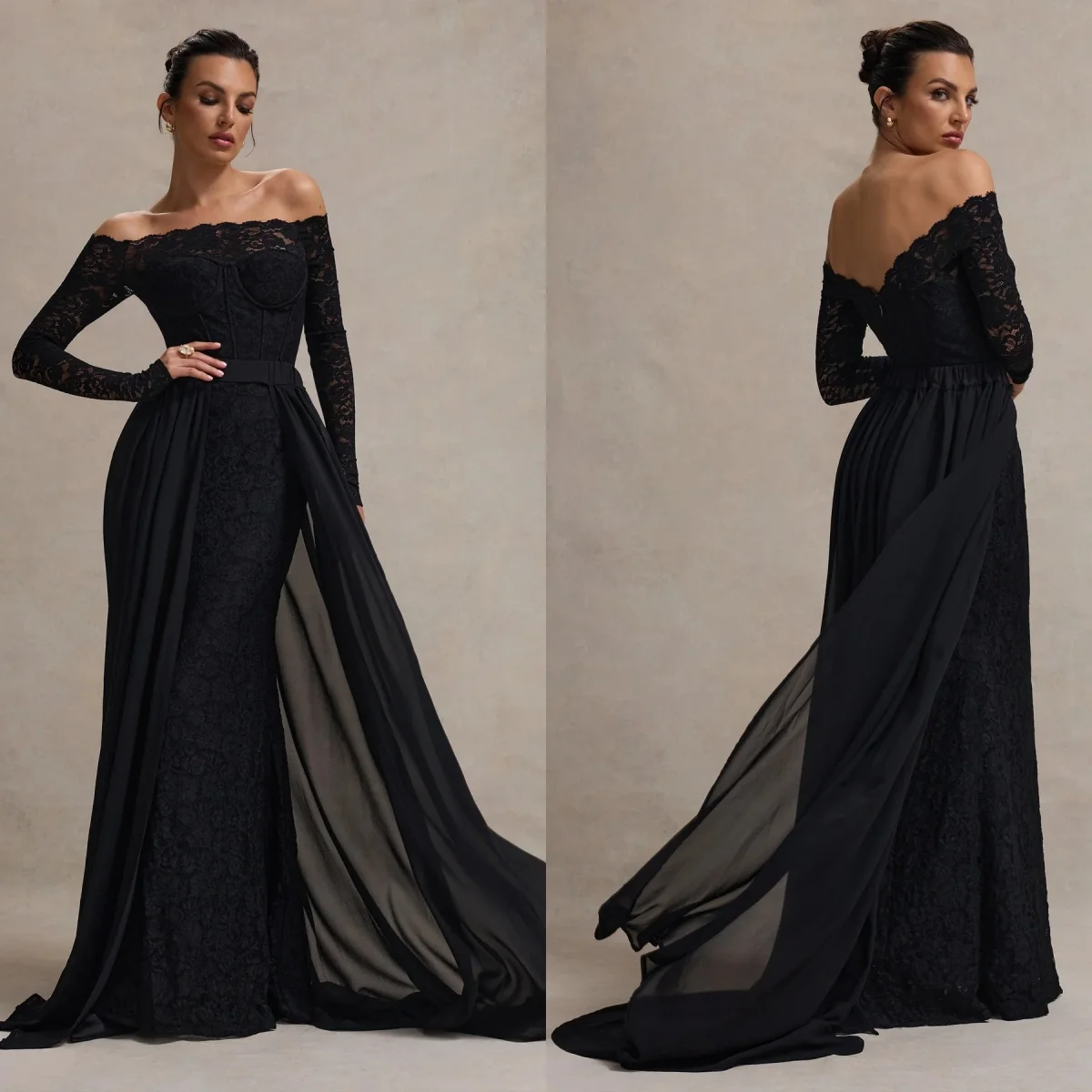 Black Mermaid Evening Dresses Off Shoulder Full Lace Long Sleeves Women Prom Gowns Detachable Train Formal Wedding Guest Gowns