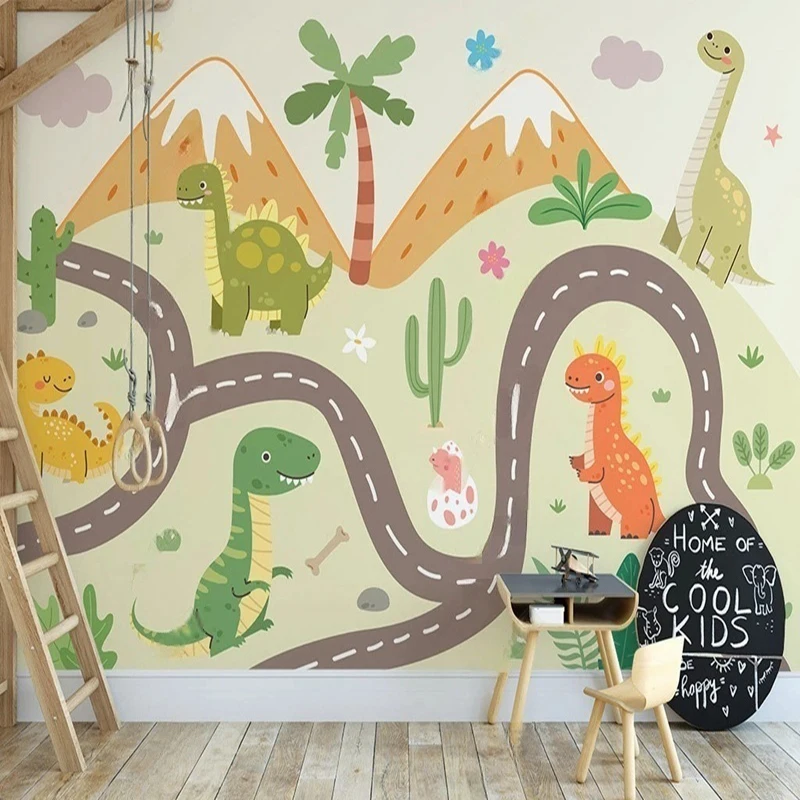 

Custom Printed Wall Mural - Cartoon Dinosaur Mountains and Roads Pattern Wallpaper For Nursery Kids Room Bedroom Wall Decor