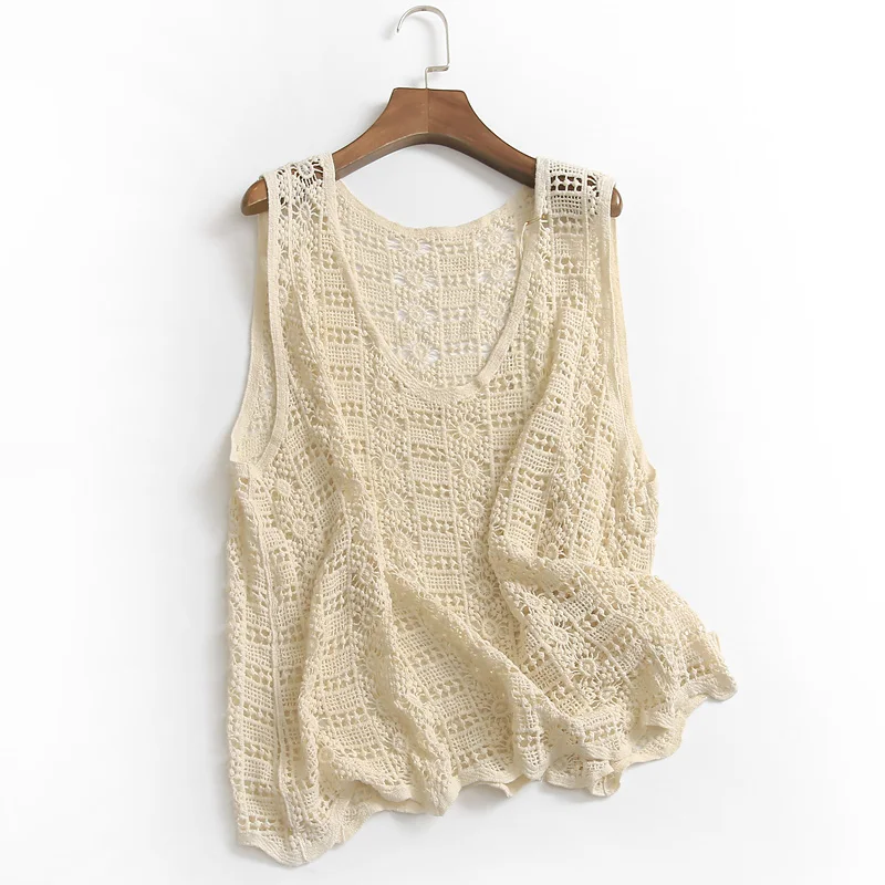 

Sweet Pure Color Lace Hollow Loose Women's Tank Top round Ne Svel Summer New Sle 2025 Cover up Vest Breathable