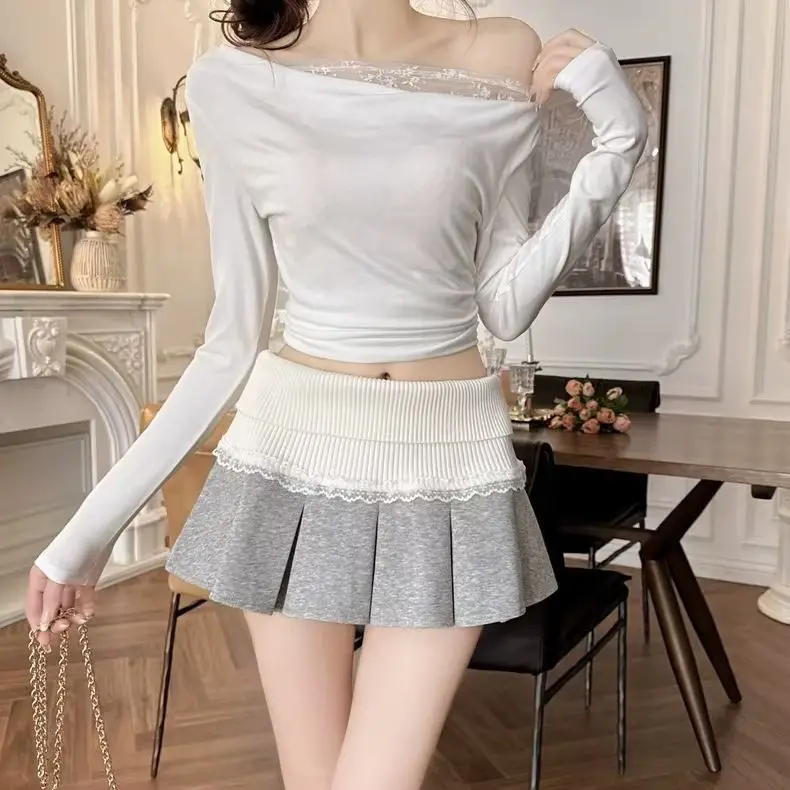 Knitted South KoreaVintage Patchwork Skirt Lace Y2k All-match New High Waist Sweet Spice Girl Jupe Pleated Mini Skirts