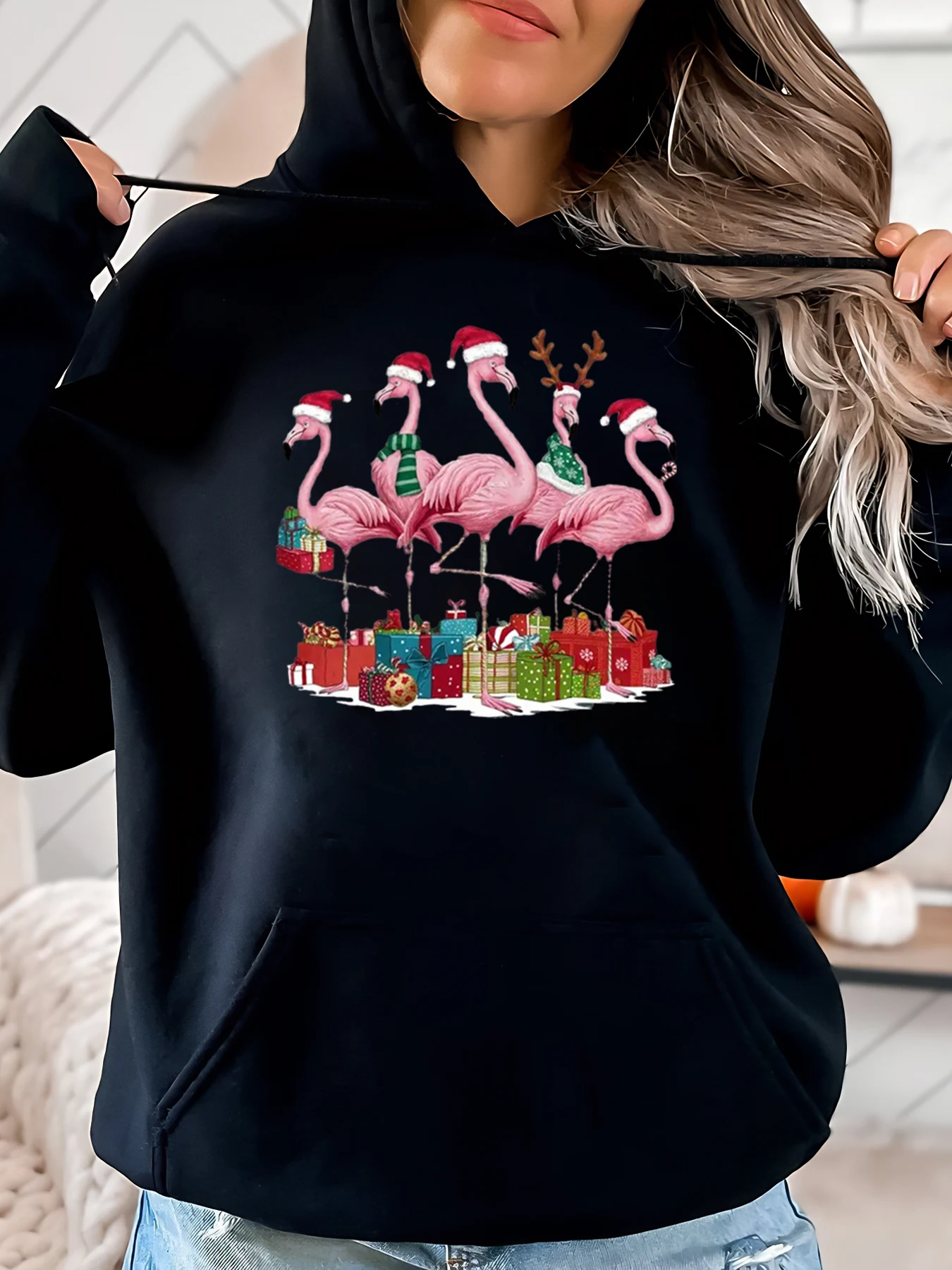 Flamingo Weihnachtsmuster Urlaub Hoodie Damen Freizeitkleidung Party Outfit Schwarz Plus-Size