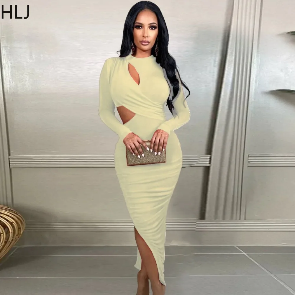 

HLJ Sexy Solid Hollow Out Bodycon Slit Mid Dresses Women Round Neck Long Sleeve Slim Vestidos Fashion Female Party Club Clothing