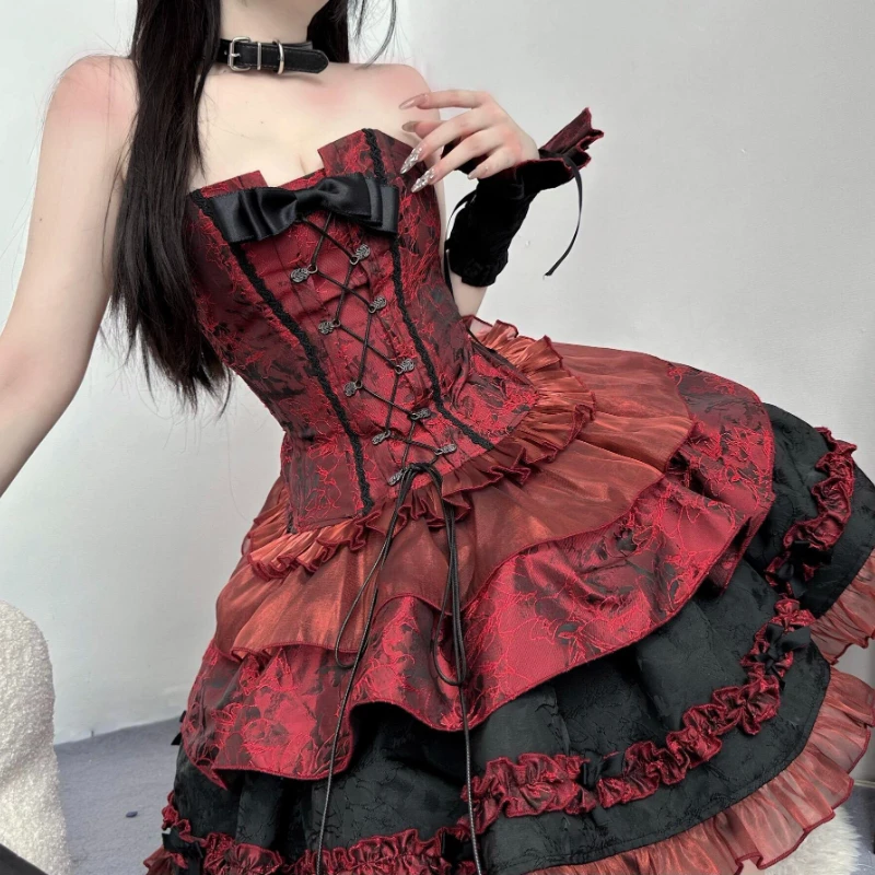 Victorian Gothic Lolita Dress Women Harajuku Y2k Lace Bow Evening Party Dresses Japanese Punk Style Slim Bandage Princess Dress