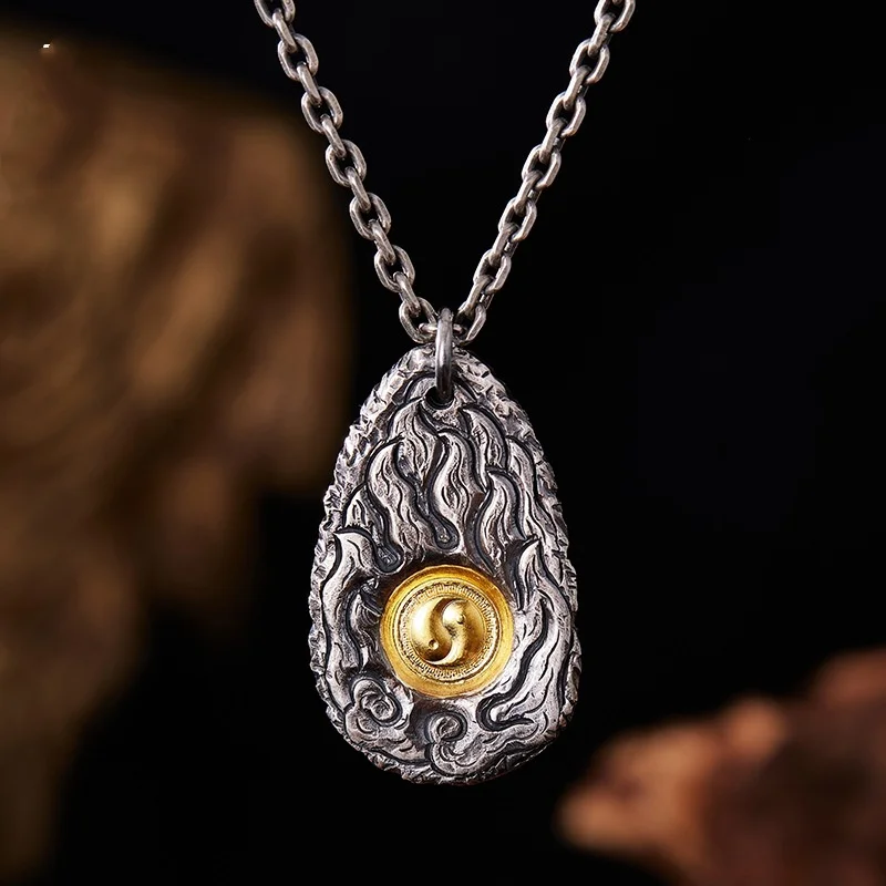 Trendy Golden Tai Chi Necklace Men Jewelry Retro Personality Yin Yang Flame Pendant Male Ornaments