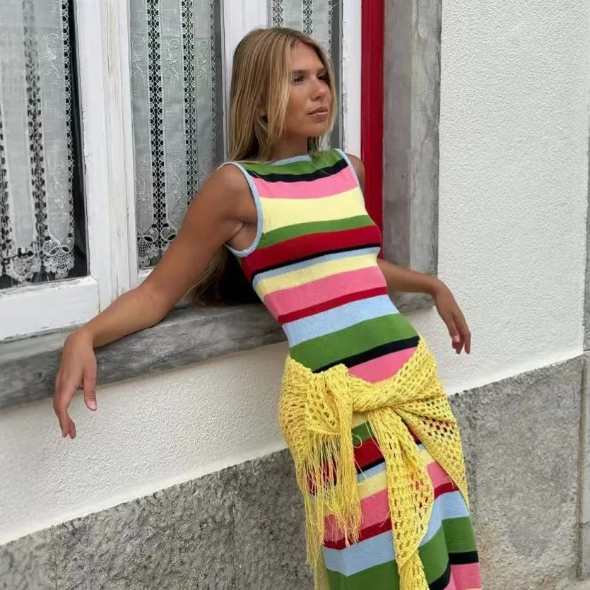 عارضة Svel قوس قزح المشارب محبوك الدكتور فايون عالية الخصر ألف خط تنورة ارتداء اليومي جولة Ne No Sve طويل الدكتور