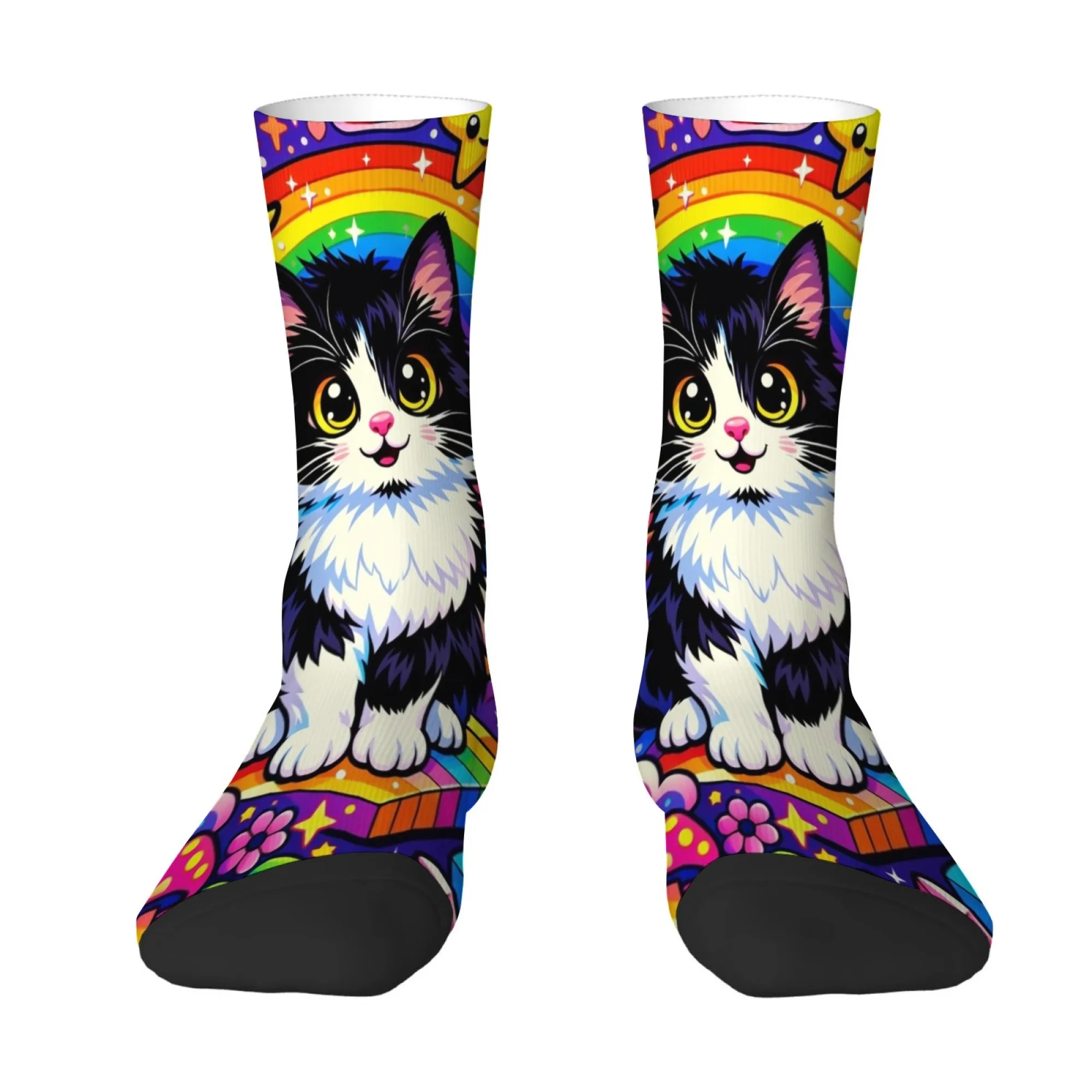 

Rainbow Black and White Cat Print Men's Mid-Calf Socks Colorful Cute and Soothing Comfortable Soft and Breathable Socks