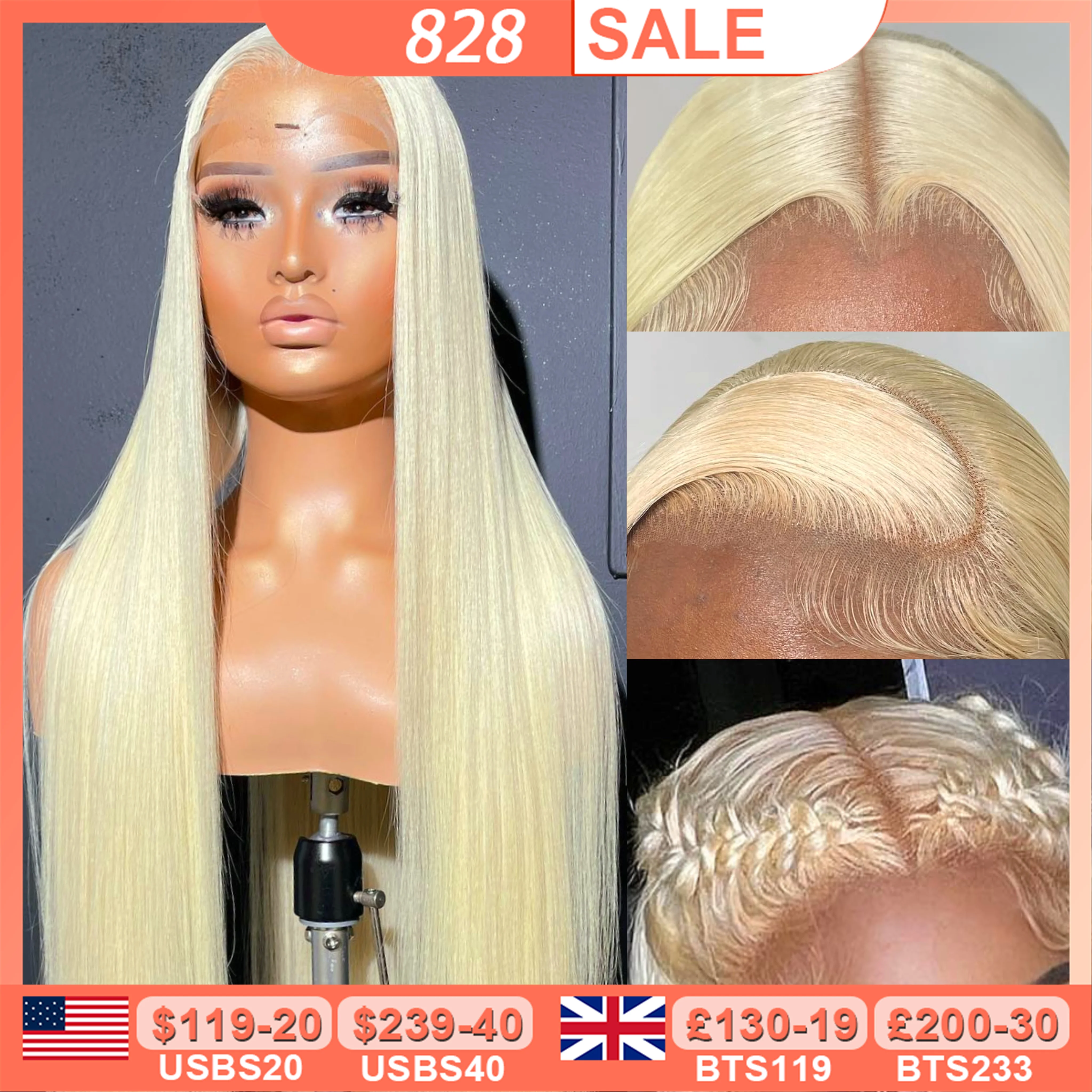 BEEOS 250% 34 Zoll 613 Blonde 13x6 HD Full Lace Frontal Echthaarperücken Glatt Glueless 5x5 HD Lace Closure Perücken Vorgezupft