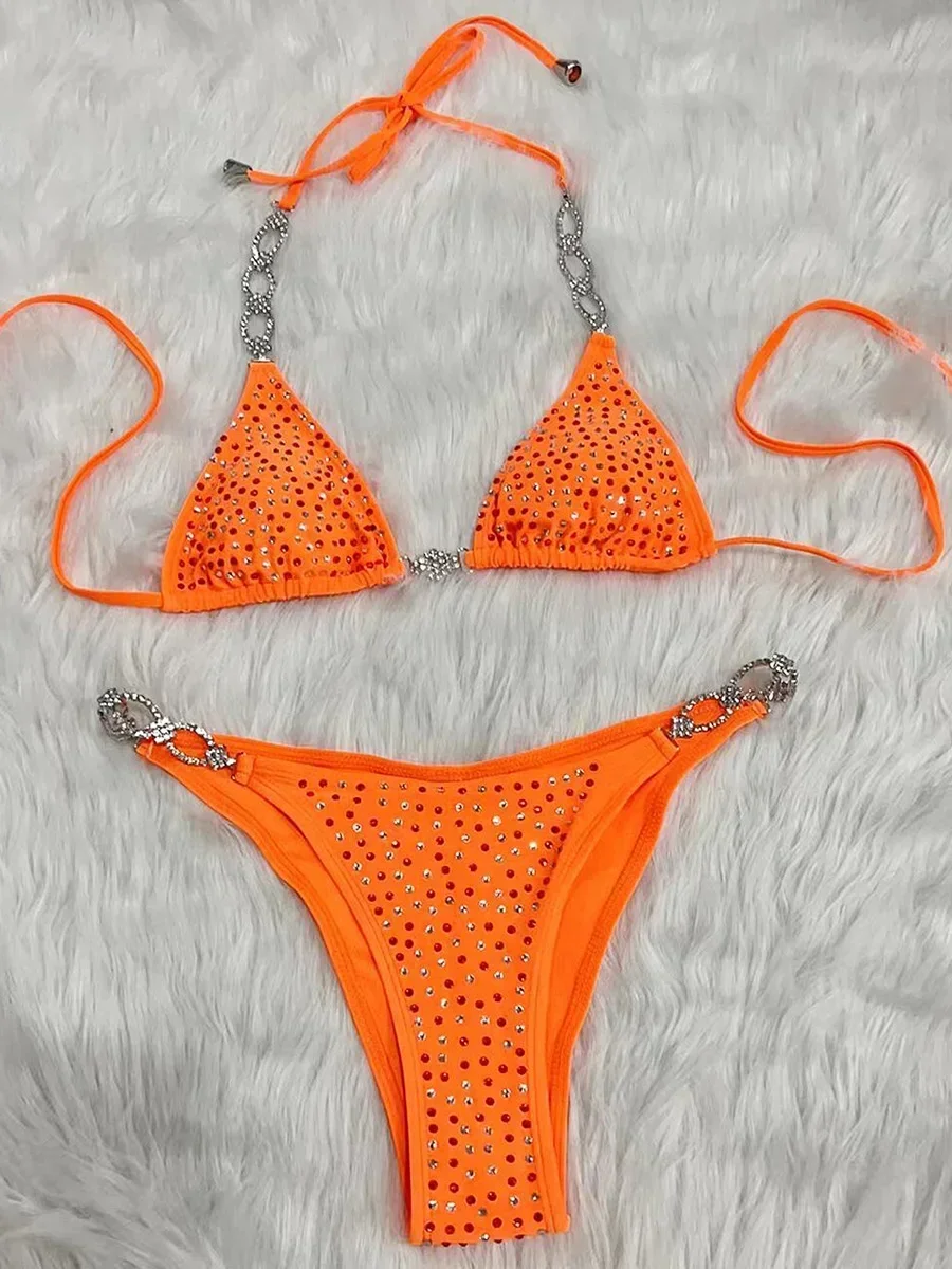 Shiny Sequins Rhinestone Bikini Women Swimwear Female Swimsuit Two-pieces Bikini set Metal Chain Halter Bather Bathing Suit Swim