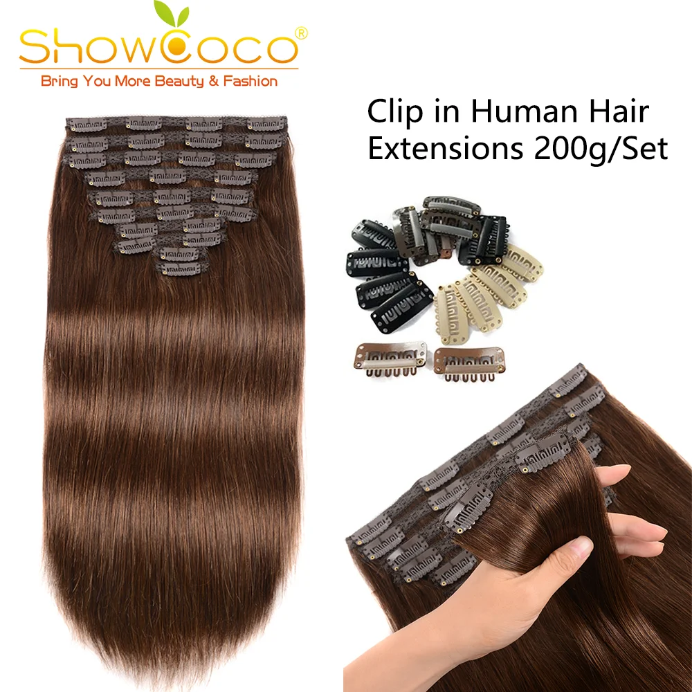 ShowCoco-Clip em extensões de cabelo humano para mulheres, 100% Remy seda reta cabelo, Natural Clip-On, Ins, 200g, 10pcs, conjunto