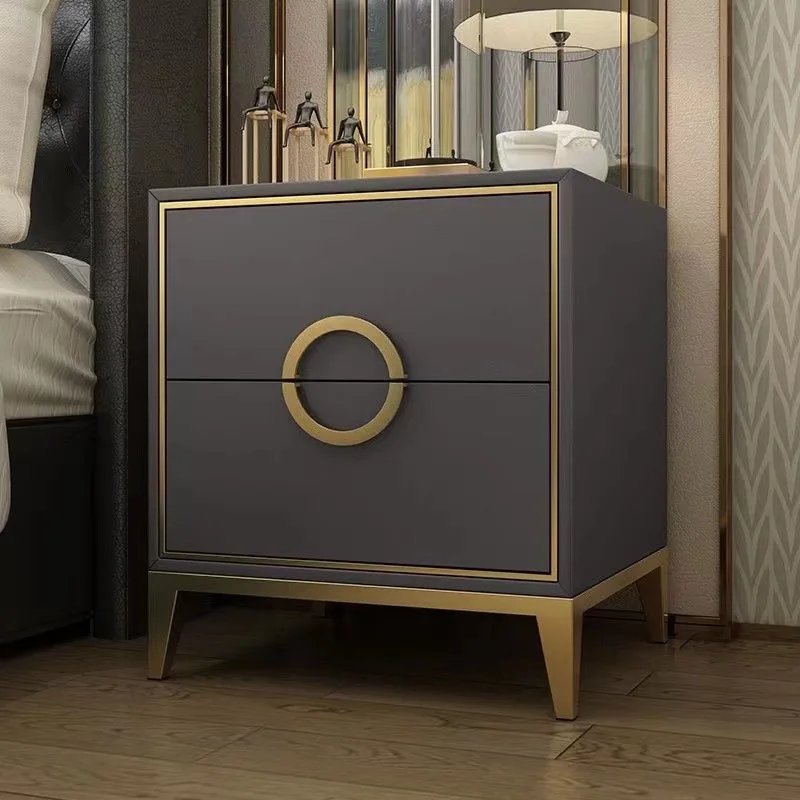 Italian light luxury post-modern bedside table All solid wood Nordic simple bedside cabinet Titanium-plated stainless steel stor