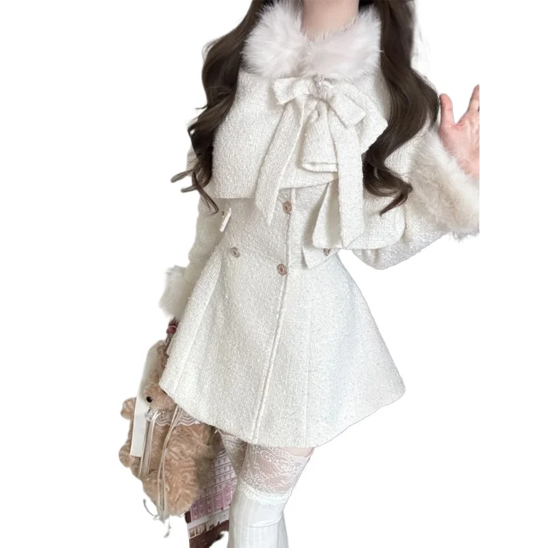 

Одежда в стиле знаменитости и дочки, накидка с бантом, шерстяная куртка с подкладкой на талии, небольшой ароматный комплект из двух предметов для женщин, новинка темперамента