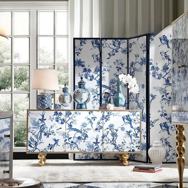 X Chinese Blue And White Porcelain Screen Decoration Home  Solid Wood Storage Medieval Cabinet