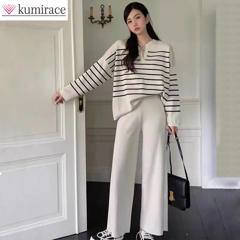 

Autumn and Winter Fashion Set Women's Korean Loose Striped Knitted Top Two Piece Set Casual High Waist Falling Knitted Wide Leg