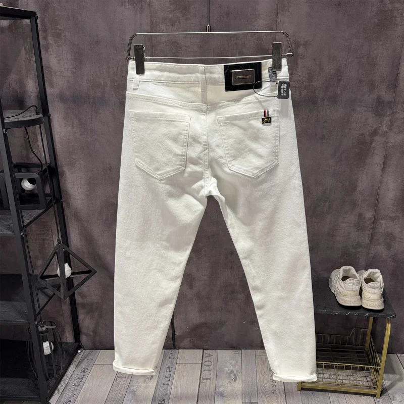 

White Jeans for Men, Spring and Autumn Slim Fit, Stretchy, High-End Fashion, Winter Fleece-Lined Warm Pants