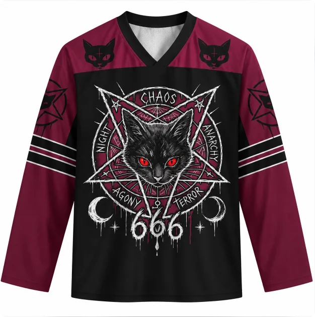 Gothic Black Cat Graphic Ice Hockey Jersey Long Sleeve V-neck Shirt Men Women Dark Punk Metal Streetwear Halloween Top