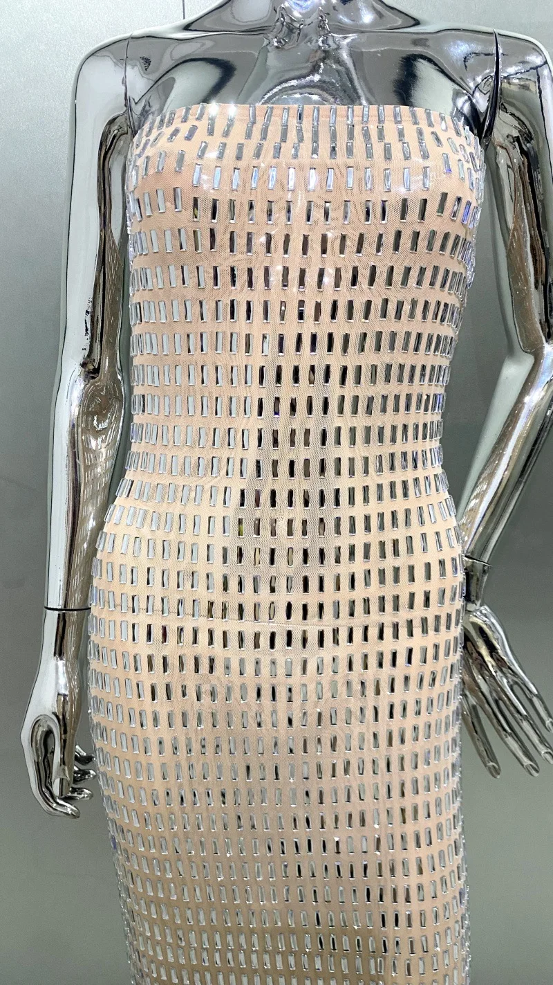2025nova chegada verão novo brilhante strass sexy pura malha vestido sem alças elegante socialite vestido de festa