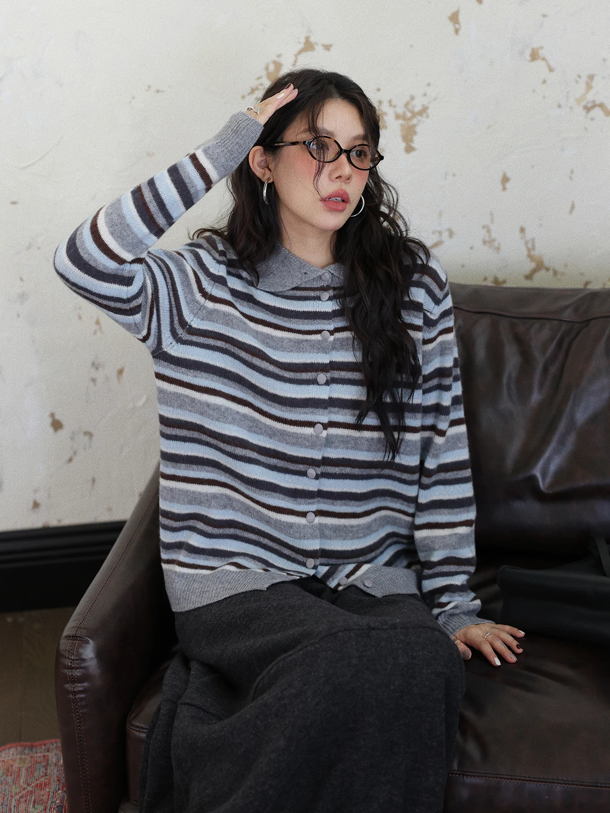 

Мягкий кардиган DR из 100% шерсти, женский, осенне-зимний, винтажный, в полоску, вязаный свитер для девушек, модный