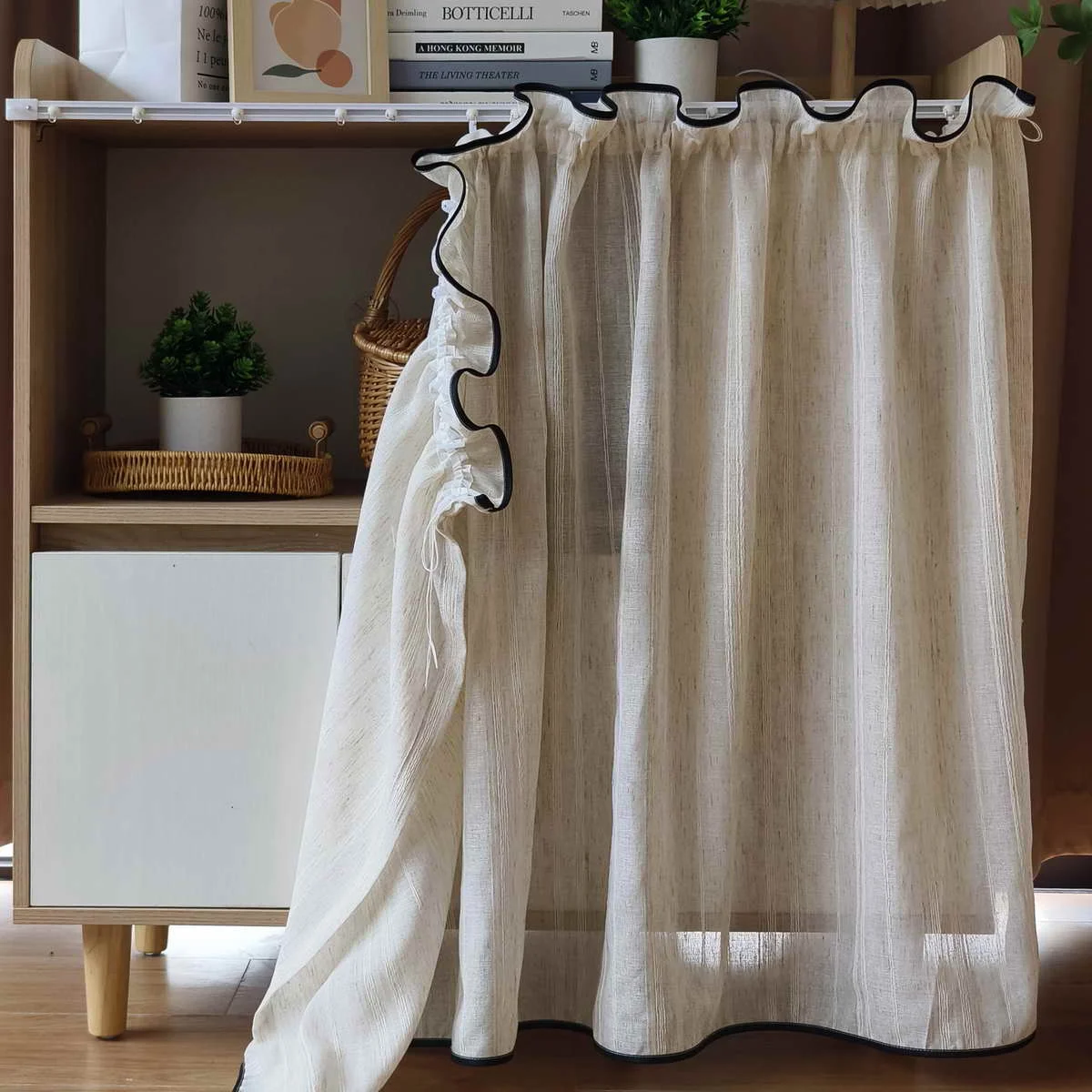 Japanese Beige Stripe Sheer Curtains with Black Edging Short Half Voile Curtain for Kitchen Privacy Partition Home Decoration