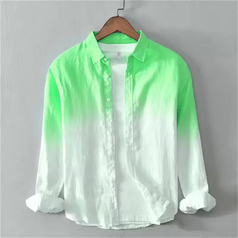 2025 men's casual versatile long sleeve gradient printed solid color shirt, 100% linen shirt, designed for business travel.
