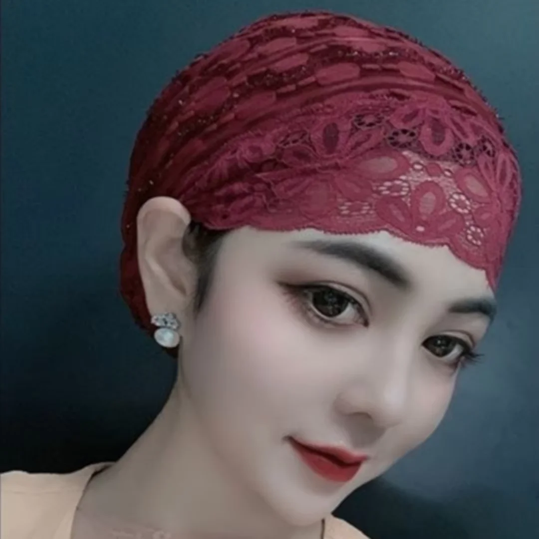 

Fashion Women Muslim Turban Hat Shiny Lace Inner Hijab Stretch Headwrap Solid Head Cover Cap
