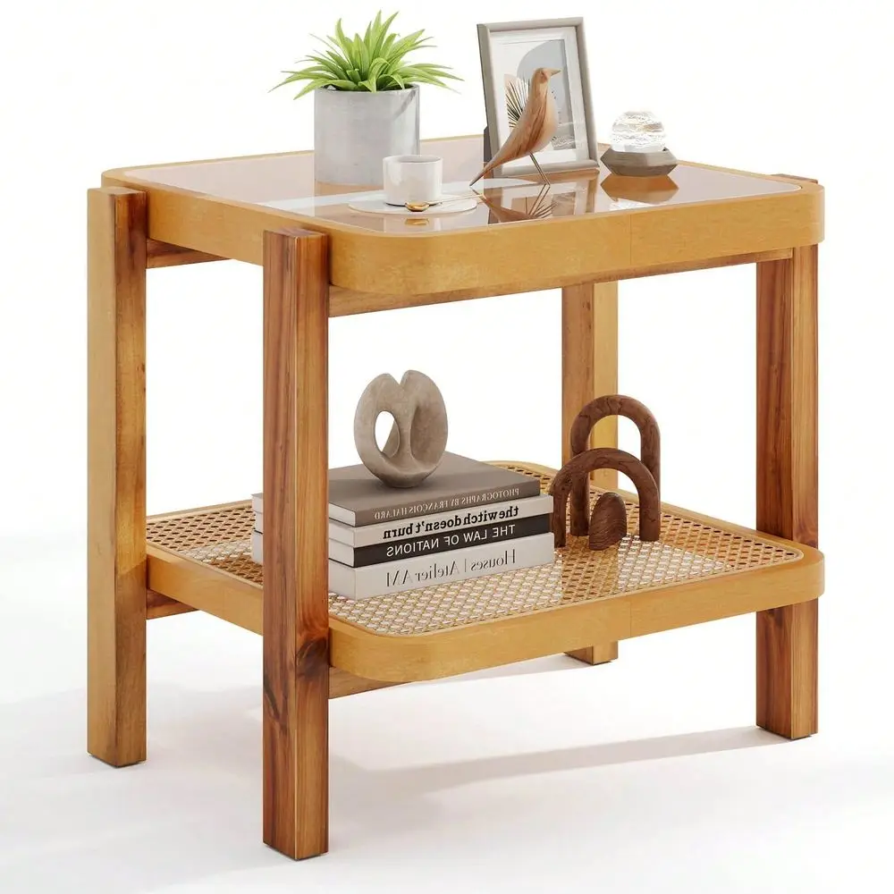 

End Table With Tempered Glass Top Acacia Wood Legs Rattan Storage Shelf