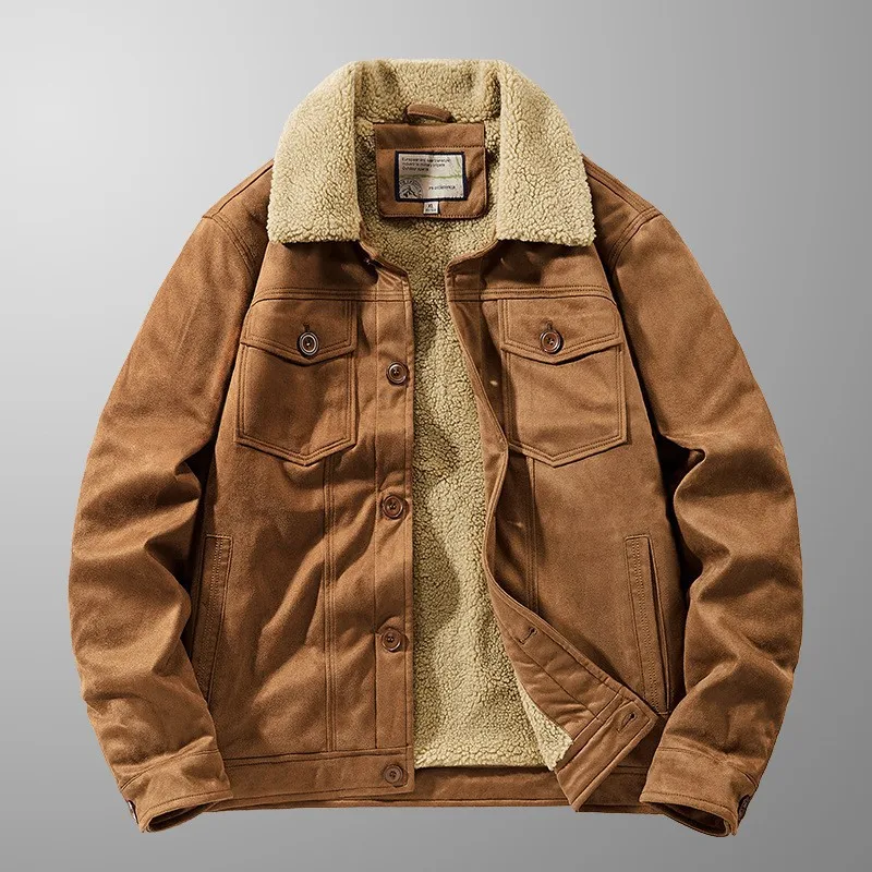 New Winter Men Fleece Warm Suede Leather Jackets Man Multi-pockets Casual Leather Coats Quality Male Fashion Down Jackets Size 4