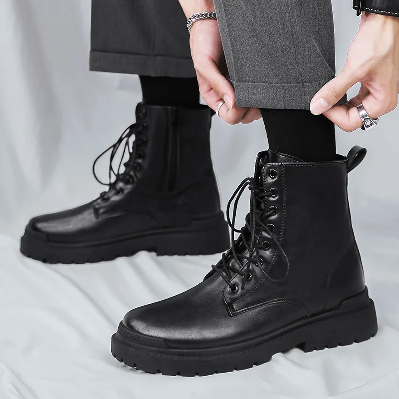 Men Black Leather Boots New British Style High Top Fashion Work Boots Outdoor Street Fashion Chelsea Men Shoes Comfortable Short