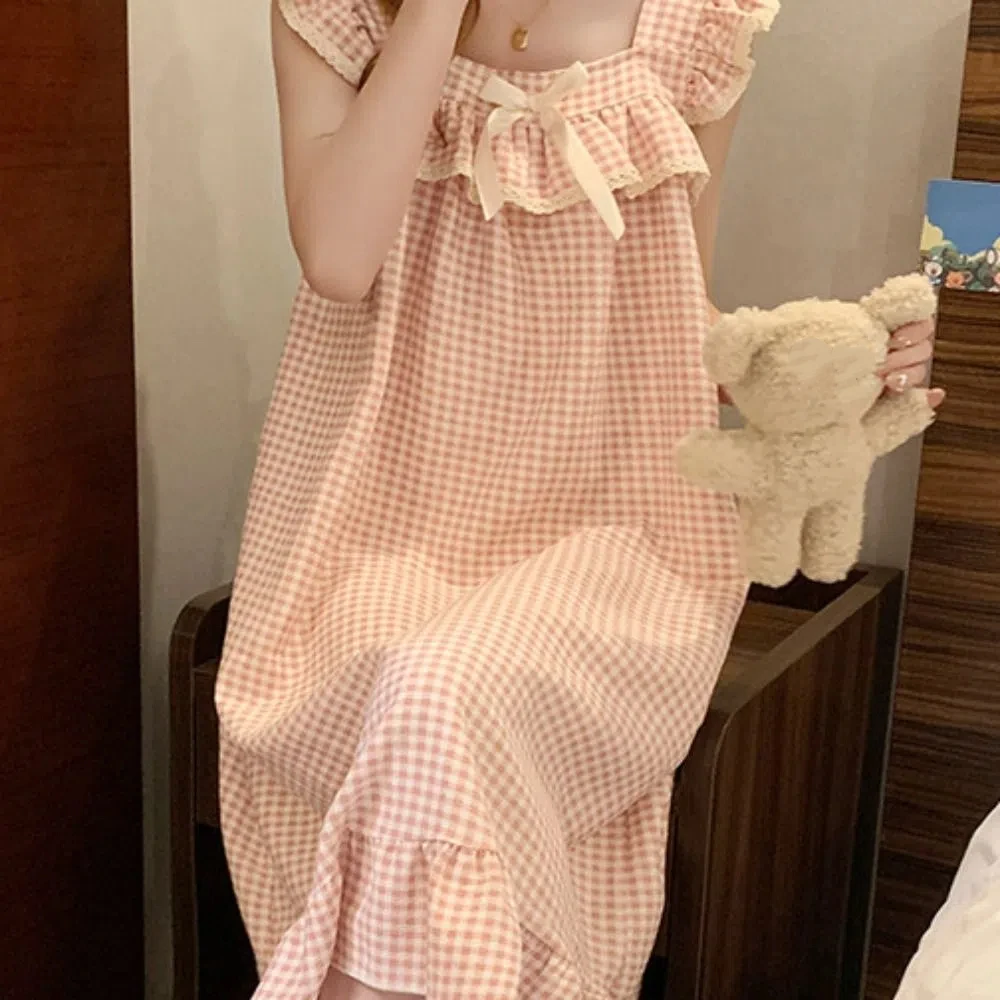 Soft Lace Ruffle Women's Grid Pajama Dress Bowknot Loose Sleeveless Nightdress Homewear Sweet Nightgowns with Pads Summer