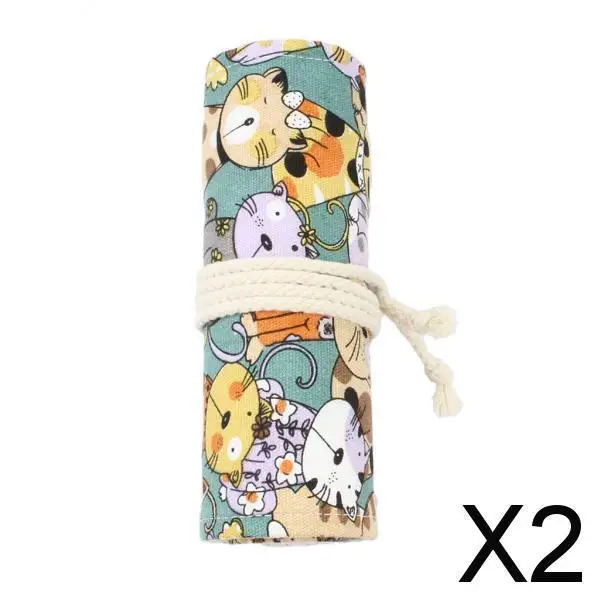 Gato Padrão Lápis Sacos de Lona, Pen Case, Pintura Bolsa Escova, Roll Up Titulares, 2 pcs